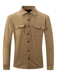 Detailed front view of men's camel faux suede jacket with chest flap pockets and buttons