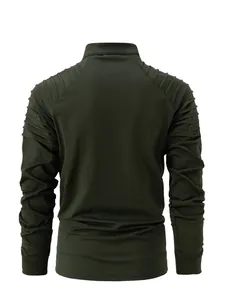 Detailed back view of men's olive green sports sweatshirt featuring ribbed shoulder panels