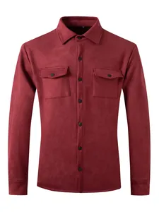Front view of a burgundy faux suede men's casual jacket with lapel and chest pockets