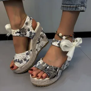 Sandalias de Cuña Florales para Mujer Zapatos de Plataforma Tacón Alto Punta Abierta Lazo Bohemio Sandalias de Microfibra de Verano
