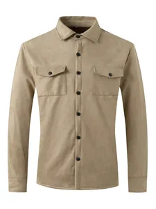 Front view of a men's khaki suede casual jacket with chest pockets and buttons