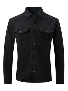 Close-up front view of a black men's faux suede casual lapel jacket with chest pockets