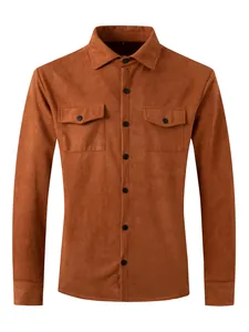 Close-up detail of brown faux suede men's jacket with buttoned chest pockets