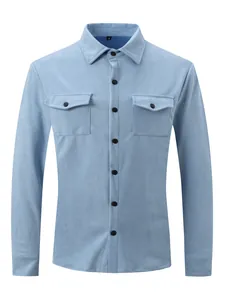 Detailed view of a light blue men's suede casual jacket with chest pockets.