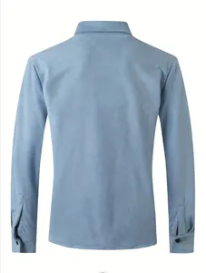 Detailed back view of a premium men's light blue faux suede casual jacket with long sleeves.