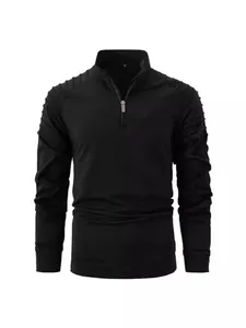 Men's quarter-zip long sleeve sports shirt with pleated shoulder details in black