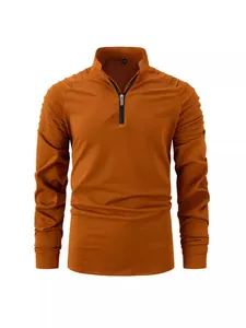 Men's stylish ochre quarter-zip long-sleeve sweatshirt with pleated shoulder detail