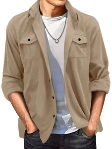Men's casual khaki faux suede jacket with lapel collar and functional chest pockets