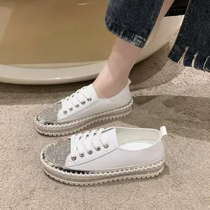 Women Rhinestone Platform Sneakers Fashion PU Leather Lace Up Thick Sole White Shoes Sparkly Casual Footwear For Spring Summer
