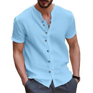 Men's casual retro style light blue cotton shirt with stand collar and short sleeves.