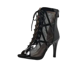 Black peep toe lace-up jazz dance boots with mesh panels and stiletto heels for women
