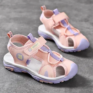 Pink and purple children's closed-toe summer sandals with breathable mesh design