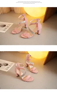 Detailed views of pink block heel sandals with rhinestone straps