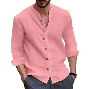 Camisa informal rosa de manga larga para hombre con cuello henley de lino para otoño.