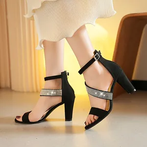 Women's European Style Chunky High Heel Sandals Rhinestone Crisscross Strap Peep Toe Ankle Strap Microfiber Sandals For Wedding Party