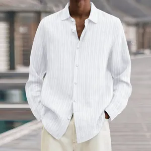 Close-up of white ribbed long-sleeve casual men's shirt showing fine vertical texture