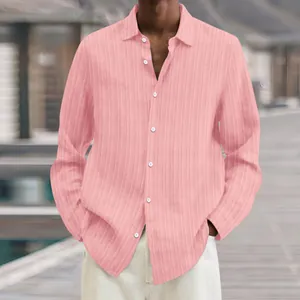 Detail of pink long-sleeve casual shirt for men with vertical ribbed texture