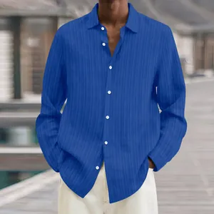 Detailed view of blue ribbed long sleeve button-down casual shirt for men