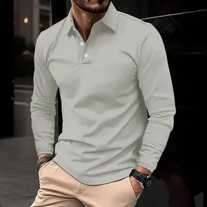 Polo a maniche lunghe da uomo con colletto a bottoni grigio chiaro per abbigliamento casual