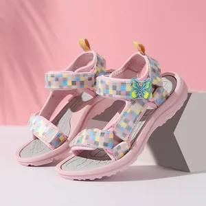 Girls Plaid Woven Sandals Butterfly Decor Lightweight Soft Sole Beach Shoes Kids Velcro Casual Sandals for School Outdoor