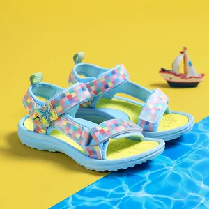 Vibrant light blue girls summer sandals with rainbow straps and soft sole for beach