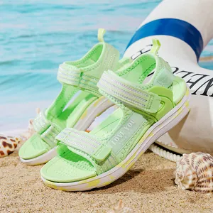 Green girls' lightweight beach sandals with soft soles and velcro straps for summer