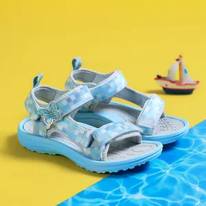 Blue plaid girls' beach sandals with lightweight soft sole and butterfly buckle.