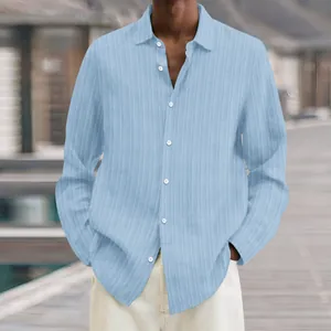 Light blue men's casual long sleeve shirt with unique ribbed pleated fabric texture