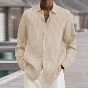 Close-up showing the vertical ribbed texture of a men's beige long-sleeve casual shirt