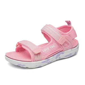 Pink girls' summer sports sandals with soft soles and 'I Love You' strap embroidery