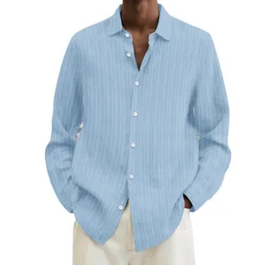 Light blue long-sleeve ribbed shirt for men with casual lapel and button closure.