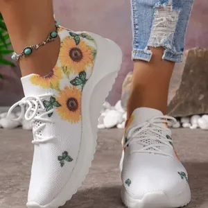 Damen Mode Plateau Freizeitschuhe Sonnenblume Schmetterling Druck Flyknit Mesh Atmungsaktiv Dicke Sohle Schnürschuhe Sneakers