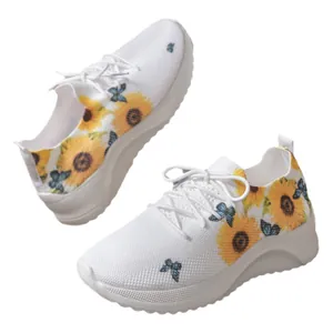 Modische weiße Plateau-Sneaker für Damen mit Sonnenblumen- und Schmetterlingsmuster