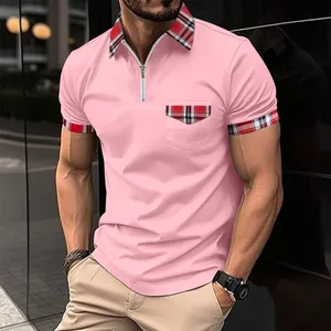 Lässiges rosa Herren-Poloshirt mit karierten Kragenakzenten und Reißverschluss