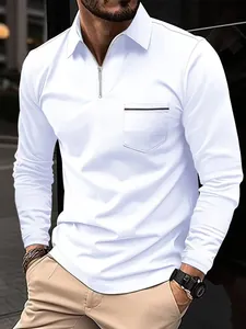 Men's casual long sleeve polo shirt with zipper collar and pocket in white