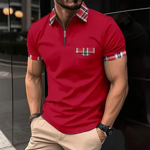 Rotes Herren-Poloshirt mit stilvollem Karokragen-Detail und Viertel-Reißverschluss