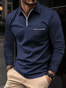 Casual navy blue long sleeve quarter-zip polo shirt for men, slim fit daily wear