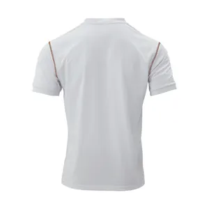 Back view of a white men's quick-dry Polo shirt with brown shoulder stitching.