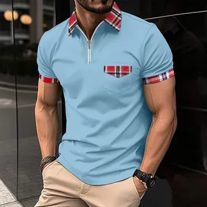 Detailaufnahme eines hellblauen Herren-Poloshirts mit Karokragen und Reißverschluss