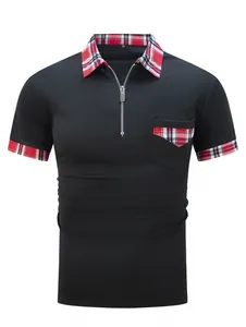 Detailansicht eines schwarzen Herren-Poloshirts mit kariertem Kragen und Reißverschluss