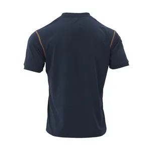 Detailed back view of a navy blue quick-dry polo shirt with contrast stitching details