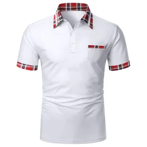 Herren Casual Kurzarm Polo-Shirt Plaid Patchwork Tasche Einfarbig Umlegekragen Polyester Sommer Mode Top