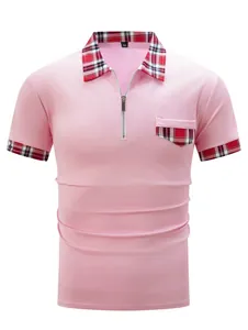 Detailansicht eines rosa Herrenpoloshirts mit kariertem Kragen und Reißverschluss