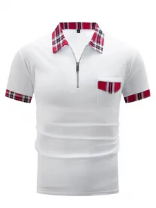 Nahaufnahme eines weißen Herren-Poloshirts mit karierten Akzenten und Reißverschlusskragen.