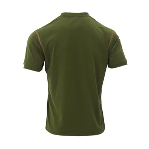 Back view of men's olive green quick-dry short-sleeved polo shirt with contrast stitching