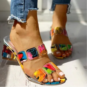 Sandali Slide da Donna alla Moda con Tacco a Blocchi in Strass Colorati in PVC Trasparenti Stampati per Feste Estive