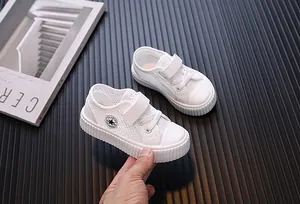 White breathable mesh sneakers for toddlers with adjustable velcro strap for kids