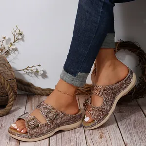 Detail shot of women's wedge slide sandals with woven grid pattern and double buckles.