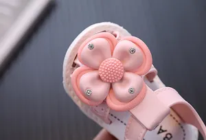 Macro view of 3D flower decoration with rhinestones on pink baby girl sandals