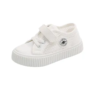 Breathable white mesh toddler sneakers with velcro strap for little boys and girls
